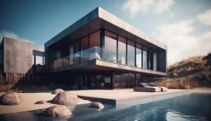 Design house - modern villa with open plan living and private bedroom wing. Large terrace with privacy and, swimming pool. Generative AI